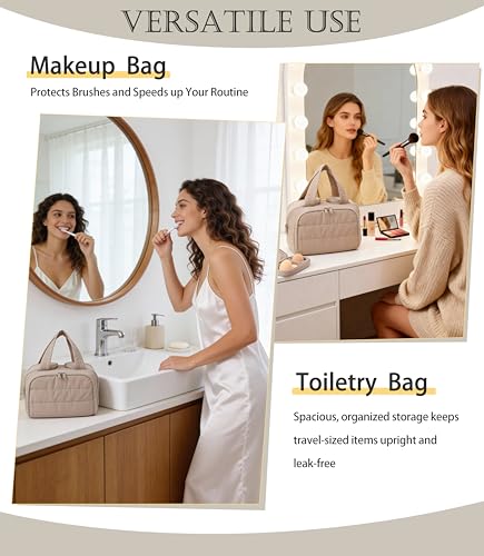Travel Toiletry Bag for Women, Large Wide-open Puffy Cosmetic Makeup Bag with Wet-Dry Separation, Multi-Pocket Organizer with Carry Handle for Toiletries, Cosmetics, Essentials, Camel - color: Camel