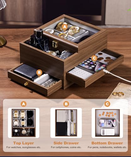 Homde Watch Box for Men Jewelry Organizer with Real Glass Watch Case for Ring, Bracelet, Watch, Necklace, Earrings, and Accessories