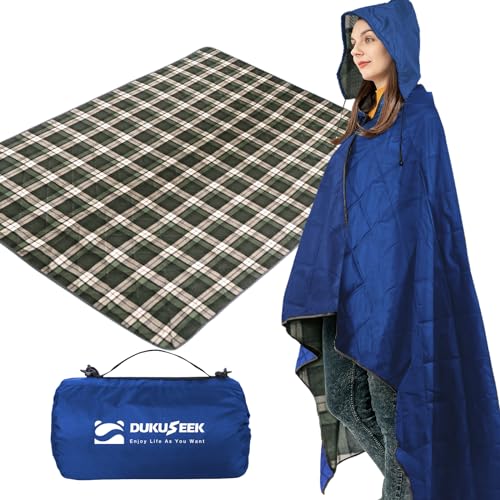 DUKUSEEK Hooded Outdoor Blanket, Waterproof Camping Blanket, Quilted, Thick Fleece, Warm, Windproof, Sand Proof, Portable and Wear-Resistant, Perfect for Stadium, Picnic, Camping - color: Dark Blue Outer With Blue Plaid Fleece