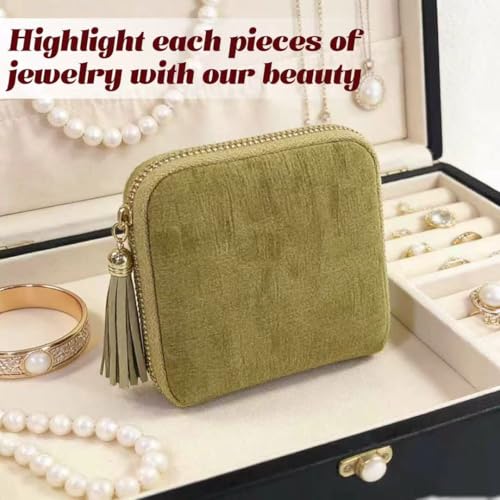 Small Travel Jewelry Case for Women, 6-Layer Velvet Organizer Pouch with Zipper, Anti-Scratch Portable Bag for Bracelets, Rings, Earrings & Necklaces (Olive Green) - color: Olive Green