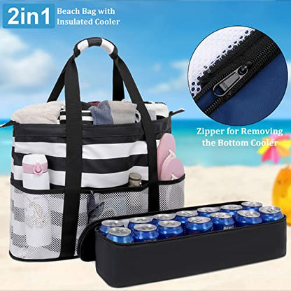 JIANYA Beach Bag Women Waterproof Sandproof Beach Tote Bags with Cooler Top Zipper Large Totes for Pool Travel Daily - color: Black Stripes