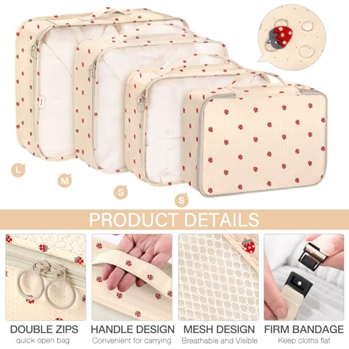 KPX 8 Set Packing Cubes for Travel, Luggage Packing Organizers Accessories Large Toiletries Bag for Clothes Shoes Cosmetics (8Set-Beige Strawberry) - color: 8Set-Beige Strawberry