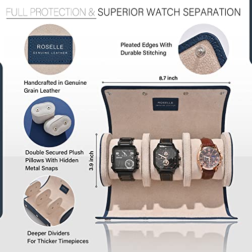 ROSELLE Genuine Leather Watch Roll Travel Case - Watch Roll Case For 3 Watches With Luxury Lining - Protect, Travel,Store, & Display Fine Watches (3 slot Blue) - color: Blue / White-3
