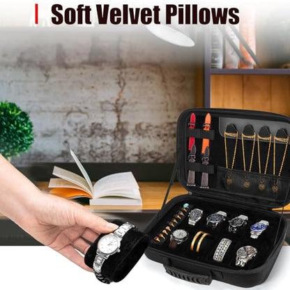 Travel Jewelry Box Watch Case, 8 Slots Watch Organizer for Men Women, Hard Storage Bag with 10 Ring Holders, 4 Necklace Hooks, 4 Watch Strap, Jewelry Bracelets Carrying Case with Soft Pillow