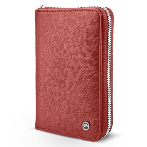 RFID Travel Wallet Passport Holder w/Zipper - Organizer Bag for Travel Documents – Safety Essentials Cover for Men Women - color: Red