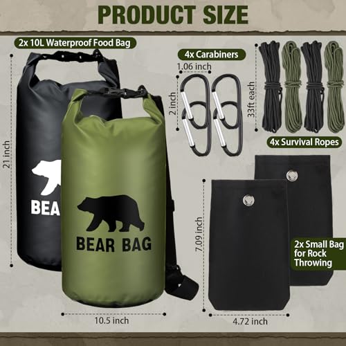 Foilswirl 2 Sets Bear Food Bag for Camping Ultralight Food Bag Hanging System Includes 2 Pcs 10 L Waterproof Bear Bag Pulley System and 4 Pcs Nylon Ropes 4 Pcs Clips 2 Pcs Rock Pouch - color: Black, Green, size: 10l