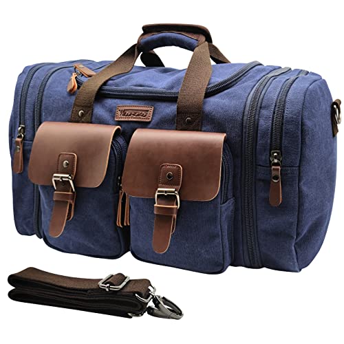 Wildroad 50L Travel Duffel Bag, Expandable Canvas Genuine Leather Duffle Bag Upgraded Overnight Weekender Carry on Bag - color: Blue, size: Large-50L Duffle Bag