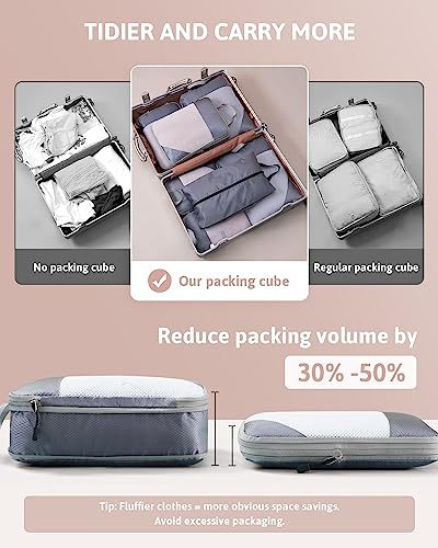 Meowoo 7 Set Compression Packing Cubes for Travel, Durable Ripstop Mesh Suitcase Organizer with Shoe Bag, Ultralight & Expandable Space Saver Travel Cubes - color: Gray