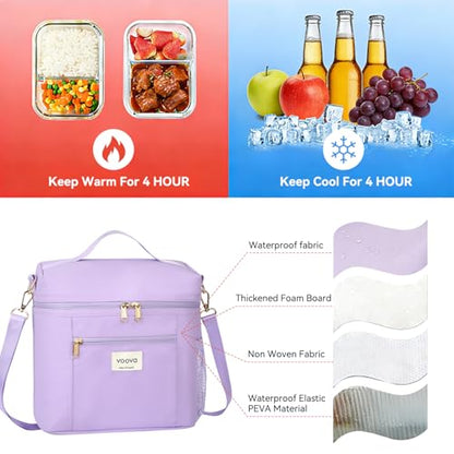 Voova Lunch Bag for Women, Insulated Lunch Box with Shoulder Strap, Adult Reusable Lightweight Nylon Waterproof Lunchbox Lunch bags for Work, Purple - color: Purple