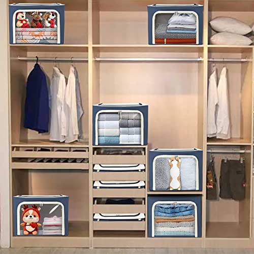 Clothes Storage Box Bins Stackable Foldable Organizer,Sturdy Handles with Metal Frame for Clothing Bedding Shelves,Closet Container with Clear Window Zipper and Label Holder (Navy, 40L x3 Pack) - color: Navy, 40L x3 Pack