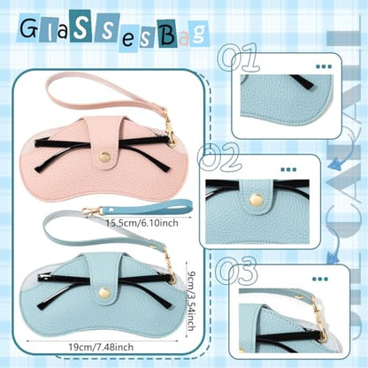 2 Pcs Soft Leather Sunglasses Bags Travel Glasses Storage Case Portable Eyeglasses Pouch with Wrist Strap - color: Pink Blue