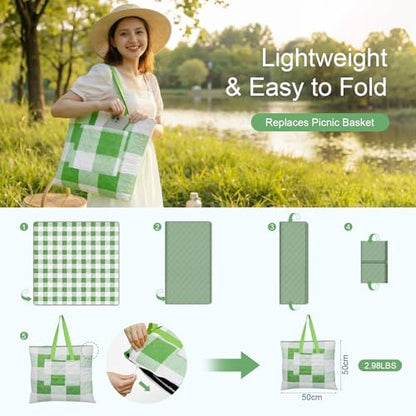 2 in 1 Tote Picnic Blanket Waterproof Outdoor Camping Mat,Large Capacity Beach Blanket 80''x80'' 7 Layers Easy to Foldable and Carry. - color: Greencheck