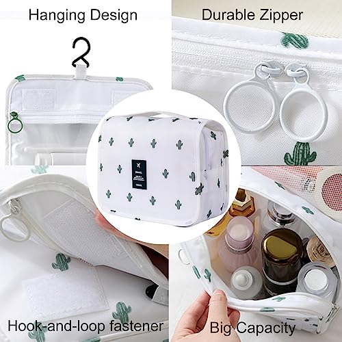 Travel Toiletry Bag for Women, Hanging Toiletry Bag with Multi-Pockets, Toiletry Bag for Traveling Easy Clean, Travel Organizer Cactus Pattern - color: White