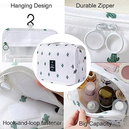 Travel Toiletry Bag for Women, Hanging Toiletry Bag with Multi-Pockets, Toiletry Bag for Traveling Easy Clean, Travel Organizer Cactus Pattern - color: White