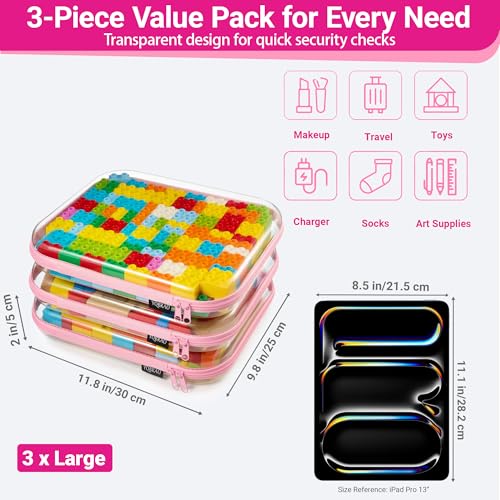 YQBRAO 3-Pack Large Clear Hard Shell Zipper Case, 1.2mm Ultra-Thick Rigid Toy & Closet Organizer, Heavy-Duty Diaper Bag Pouch Set with YKK Zippers, Waterproof Travel Storage (Pink) - color: Pink, size: 3 Pack(L)