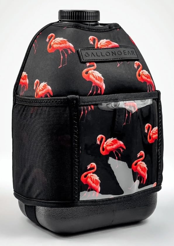 Half-Gallon Fitness Hydration Cover | Neoprene Insulated Cooling & Portable Gym Water Bottle Carrier | CASE with Storage Pockets - color: Flamingo
