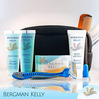 Bergman Kelly Hotel Toiletries Bundle (Tropical Waterfall, 1 oz each, 40 Pcs) 4-Piece Set: 10 Rectangular Bar Soap, 10 Shampoo, 10 Conditioner & 10 Body Lotion - Bulk Mini Guest Amenities Supply - size: 1 Fl Oz (Pack of 10)