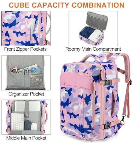 Lumesner Carry on Travel Backpacks, Extra Large 40L Flight Approved for Men & Women,Expandable Suitcase backpack (Camouflage Pink(Backpack With 4 Packing Cubes)) - color: Camouflage Pink