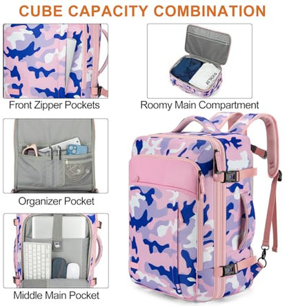 Lumesner Carry on Travel Backpacks, Extra Large 40L Flight Approved for Men & Women,Expandable Suitcase backpack (Camouflage Pink(Backpack With 4 Packing Cubes)) - color: Camouflage Pink