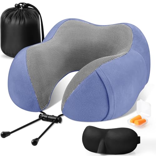 CloudBliss Travel Pillow for Airplane, Memory Foam Neck Pillow for Travel, Compact Flight Pillow with Eye Mask, Earplugs, Carry Bag, Travel Neck Pillow for Long Flight Sleep, Plane Accessories, Blue - color: Blue