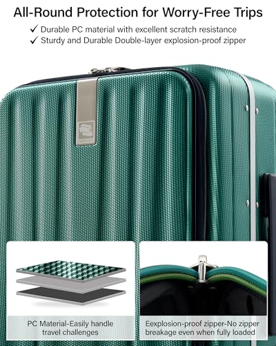 Hanke 24 Inch Checked Luggage Front Opening Rolling Suitcase Hard Sided Luggage with Spinner Wheels Travel Luggagefor Woman Men.(Dark Green) - color: Dark Green, size: 24 Inch