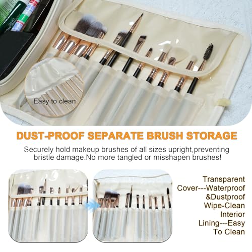 Folding Makeup Brush Bag,Travel Toiletry Bag with Separate Brush Compartment for Brushes & Skincare, Toothbrush Holder,Rollup & Open Flat cosmetic Organizer,Portable Waterproof &Hanging (white) - color: Cream white