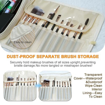 Folding Makeup Brush Bag,Travel Toiletry Bag with Separate Brush Compartment for Brushes & Skincare, Toothbrush Holder,Rollup & Open Flat cosmetic Organizer,Portable Waterproof &Hanging (white) - color: Cream white
