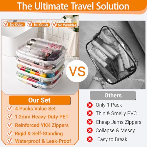 YQBRAO 4-Pack Clear Diaper Bag Organizer Pouches, 1.2mm Ultra-Thick PET Travel Pouches for Toiletries & Makeup, Rigid Self-Standing Bags with YKK Zippers, TSA Approved - color: White, size: 4 Pack(M)