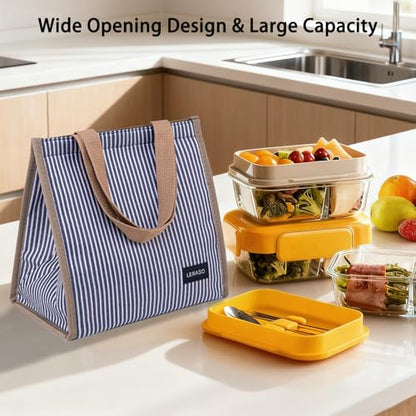 Insulated Lunch Bag for Work, 10.2"x5.9"x10.2" Oxford Waterproof Striped Canvas Tote Bag - color: Blue White