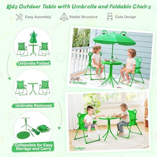 HONEY JOY Kids Picnic Table, Animal Themed Toddler Outdoor Table and Chair Set, 2 Folding Chairs & Removable Umbrella, Children Outdoor Furniture for Backyard Patio Garden (Green Frog) - color: Green Frog