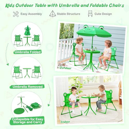 HONEY JOY Kids Picnic Table, Animal Themed Toddler Outdoor Table and Chair Set, 2 Folding Chairs & Removable Umbrella, Children Outdoor Furniture for Backyard Patio Garden (Green Frog) - color: Green Frog