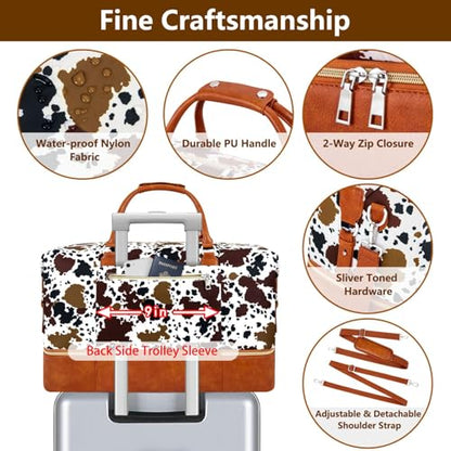 ITIEZY Weekender Overnight Bag for Women - Large Travel Duffel Bag with Shoe Compartment, Gym Duffel Bag Hospital Bag Carry On Tote Bags for Airplanes with Crossbody Bag Toiletry Bag 3Pcs Set - color: 5-Brown Cow