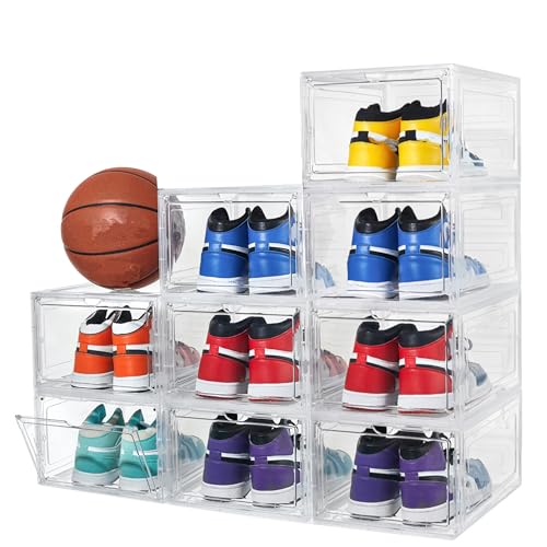Attelite X-Large Clear Shoe Boxes Stackable Plastic Shoe Organizer ,Thicken & Sturdy Shoe Storage Box with Magnetic Door, Drop Front Shoe Box For Display Sneakers( 9 Pack, Clear White) - color: Clear White, size: XL-9-pcs