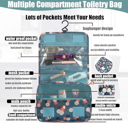 L&FY Hanging Travel Toiletry Bag Women's Cosmetic Organizer Makeup Case Pouch Men's Shaving Kits With Handle (Blue Flower) - color: Blue Flower, size: Compact Size