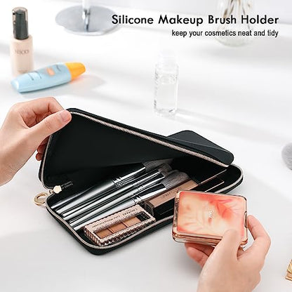 FVION Zipper Makeup Brushes Bag For Travel, Large Silicone Makeup Brush Holder, Make Up Brushes Pouch Case for Makeup Tools - Black - color: Black