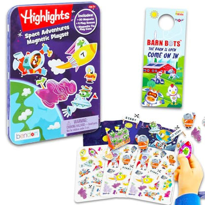 Highlights Activity Box Magnetic Play Set - Bundle with Magnetic Create A Scene Creation Board Tin Featuring Outer Space and More Plus Door Hanger