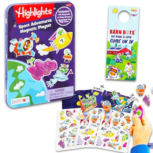 Highlights Activity Box Magnetic Play Set - Bundle with Magnetic Create A Scene Creation Board Tin Featuring Outer Space and More Plus Door Hanger