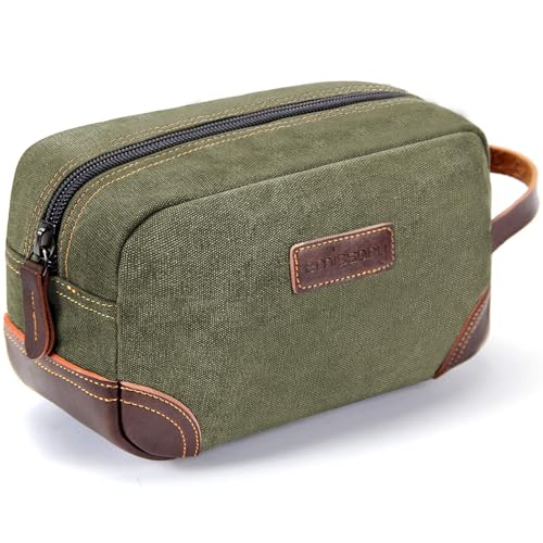 Emissary Men's Leather and Canvas Travel Toiletry Dopp Kit, Shaving Bag (Dark Green) - color: Dark Green