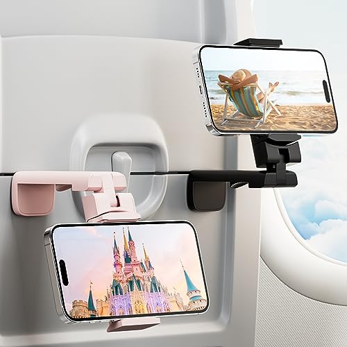 2 PCs Airplane Phone Holder for Women, Klearlook 360° Rotation Travel Essentials Phone Mount for Desk, Handsfree Flexible Travel Accessories for Flying, Valentines Day Gift - color: Black,Pink