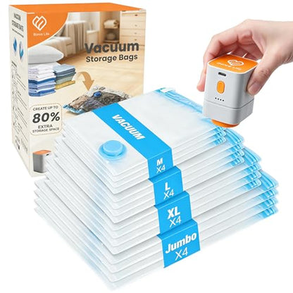 Vacuum Storage Bags with Rechargeable Cordless Pump, 16-Pack Space Saver Bags for Blankets, Clothes & Bedding, Reusable Compression Bags in 4 Large Sizes (M–Jumbo), Long-Side Opening - size: 16-Piece Home Storage Set