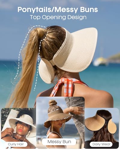 FURTALK Sun Hats for Women Wide Brim Beach Hat Straw Visor Ponytail Summer UV Packable Foldable Beach Vacation Essentials - color: Khaki