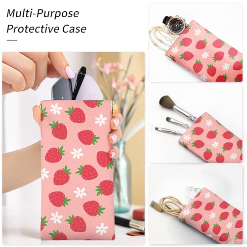 Glasses Case Soft, Eyeglass Cases for Women Portable Squeeze Top PU Leather 2 Pack Glasses Pouch with Cleaning Cloth - color: 2pcs Strawberry Flower