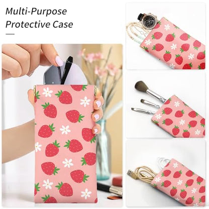 Glasses Case Soft, Eyeglass Cases for Women Portable Squeeze Top PU Leather 2 Pack Glasses Pouch with Cleaning Cloth - color: 2pcs Strawberry Flower