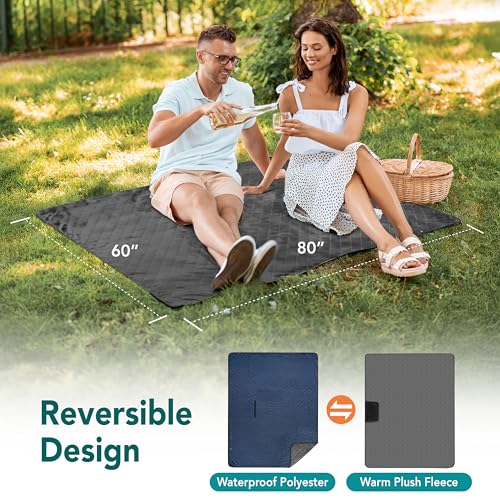 SUN CUBE Large Waterproof Camping Blanket, Fleece Quilted Stadium Blanket for Cold Weather, Windproof Foldable Outdoor Blanket Mat for Picnic, Beach, Pets, Car, 60x80in - color: Navy Blue/Grey Fleece