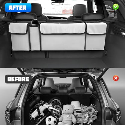 Car Trunk Organizer with Lid, Large Waterproof Vehicle Backseat Hanging Storage Bag with 4 Pockets & Adjustable Straps, Collapsible Automotive Interior Cargo Bag, Universal Fit (White/Grey) - color: White/Grey