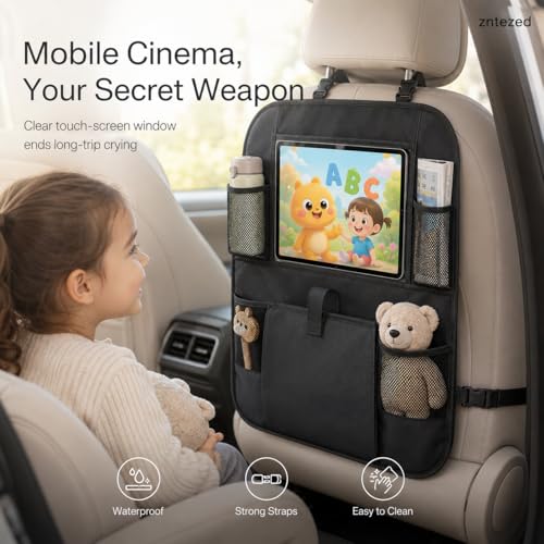 Car Backseat Organizer with 12 Storage Pockets, 12" Touch Screen Tablet Holder, Waterproof Kick Mats Seat Protector, Car Organizers and Storage for Kids, Road Trip Essentials（2 Pack，Black）