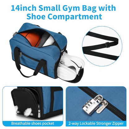 Apenze Small Gym Bag 14 inch lightweight Carry On Mini Duffel Bag with Shoe Compartment for Travel Sport - Blue - color: Blue