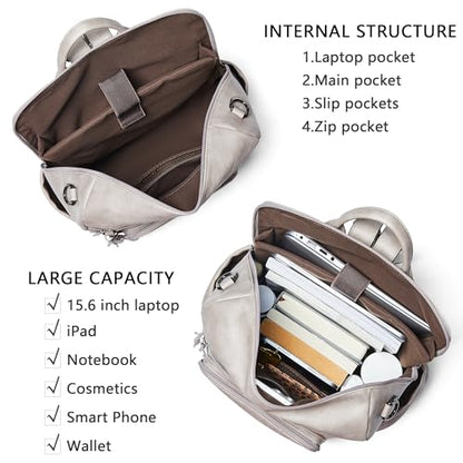 Shrrie Vegan Leather Laptop Backpack for Women 15.6 inch Work Backpack Fashion Travel Backpack Purse for Business College - color: 1 Two-toned Gray