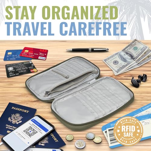 BOACAY Travel Document Organizer with RFID, Family Passport Holder, Wallet for Women & Men, Portable & Waterproof Case for Cards, Boarding Pass, Money - color: Olive Green