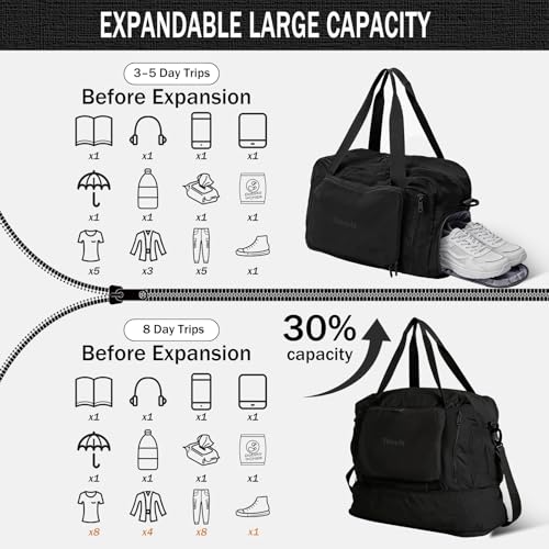Travel Duffel Bag, 30–40L Expandable Weekender Bag with Shoe Compartment, Foldable Carry On Travel Bag with Wet Pocket and Matching Pouch - color: Black